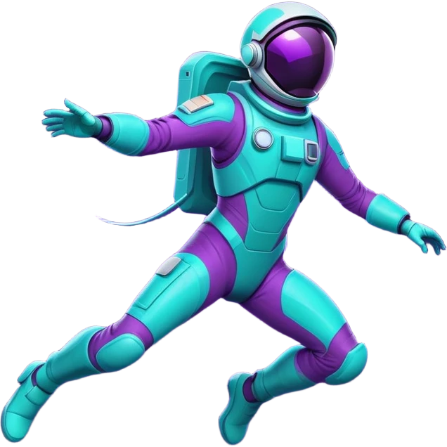 Stylized futuristic astronaut in mid-flight pose, sleek purple and neon teal suit, flat vector design, heroic silhouette, dynamic diagonal motion lines emoji