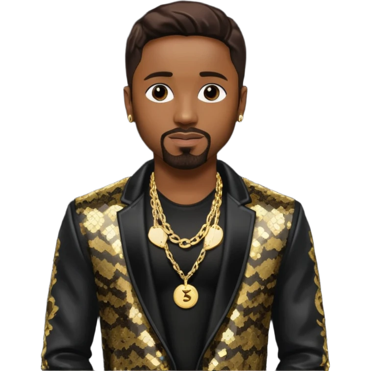 Teddy Riley with dark brown hair, black sequin jacket, shirtless with necklace  emoji