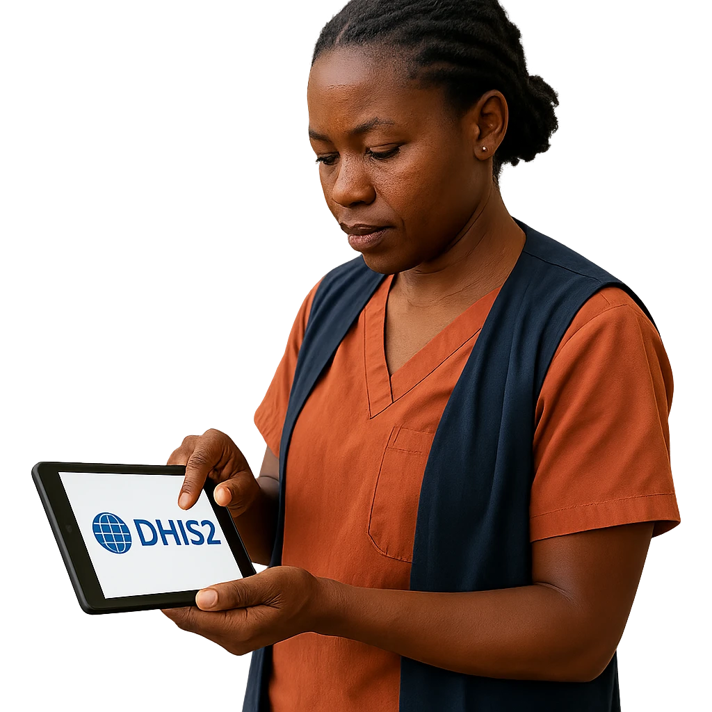 community health worker holding a device showing DHIS2 logo, focused on data collection emoji