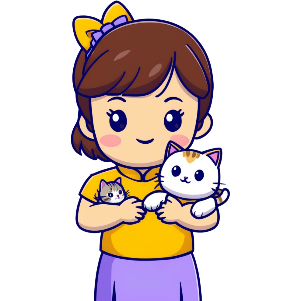 girl with brown hair and bangs wearing yellow qipao with gray tabby cat emoji