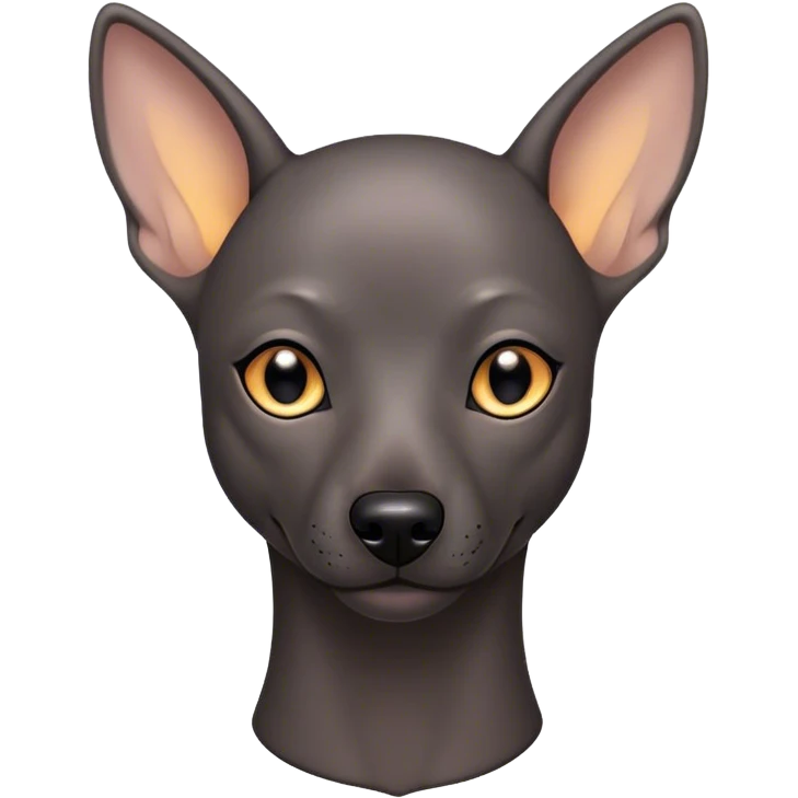 Cinematic Noble Xoloitzcuintle dog Portrait Emoji, Poised and regal, with a sleek, muscular build and smooth, hairless ebony skin accented by subtle wrinkles, deep-set soulful dark eyes, Simplified yet sharp and sophisticated features, highly detailed, glowing with a soft, dignified glow, high shine, intelligent and loyal, stylized with an air of ancient grace, focused and attentive, soft glowing outline, capturing the essence of a watchful and confident guardian, so majestic it feels as though it could stride out of the screen with effortless authority! emoji