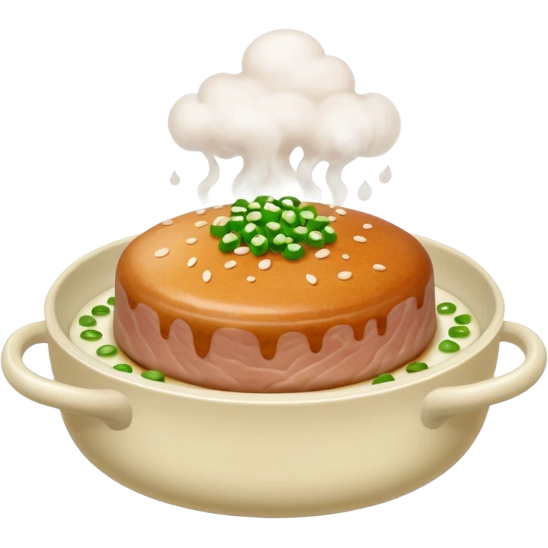 Emoji of a Chinese steamed pork patty in a small dish, topped with chopped scallions and steam rising, soft texture, minimal style. emoji