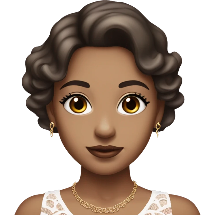 fair-skinned girl with black, slim shaped eyes and long lashes. long, dark brown hair styled in a wavy blowout. wearing a delicate white lace tank top and a dainty gold necklace, plump light pink lips. emoji