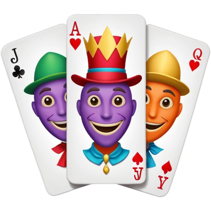 3 poker cards, with crazy colorful human jolly jokers inside, inversed face emoji
