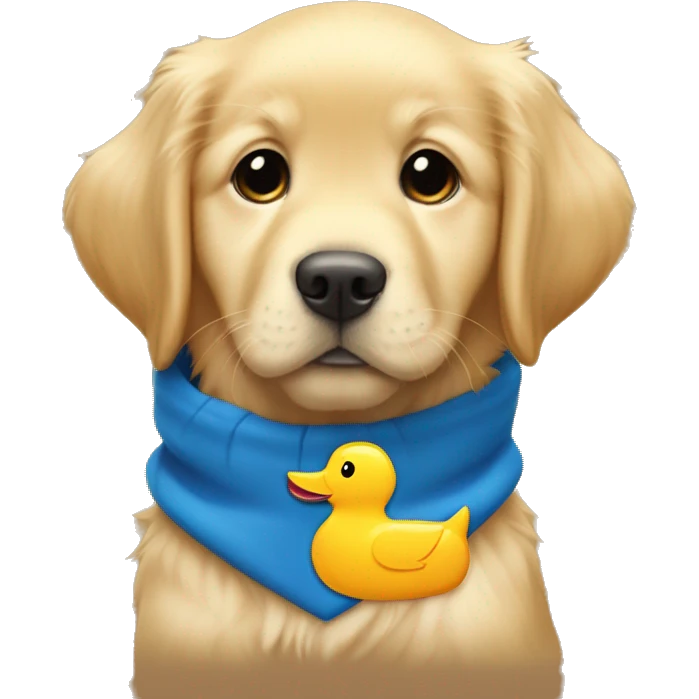 golden retriever puppy with a blue collar that has a id tag that says “vincent” and he’s wearing a duck hoodie emoji