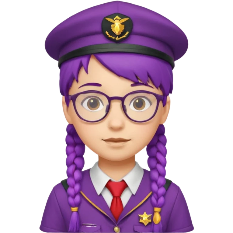 red uniform wearing scout kid with braids and glassess with hat purple haired emoji
