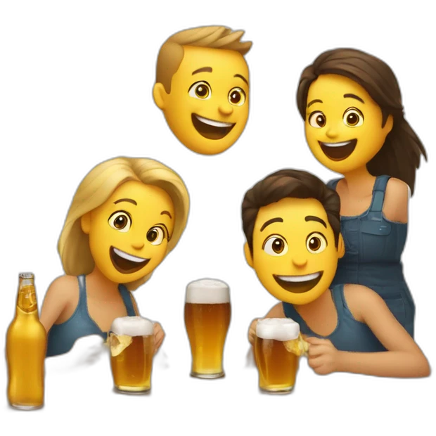 3 people laughing around a square table with 3 small beers on it. No yellow people emoji