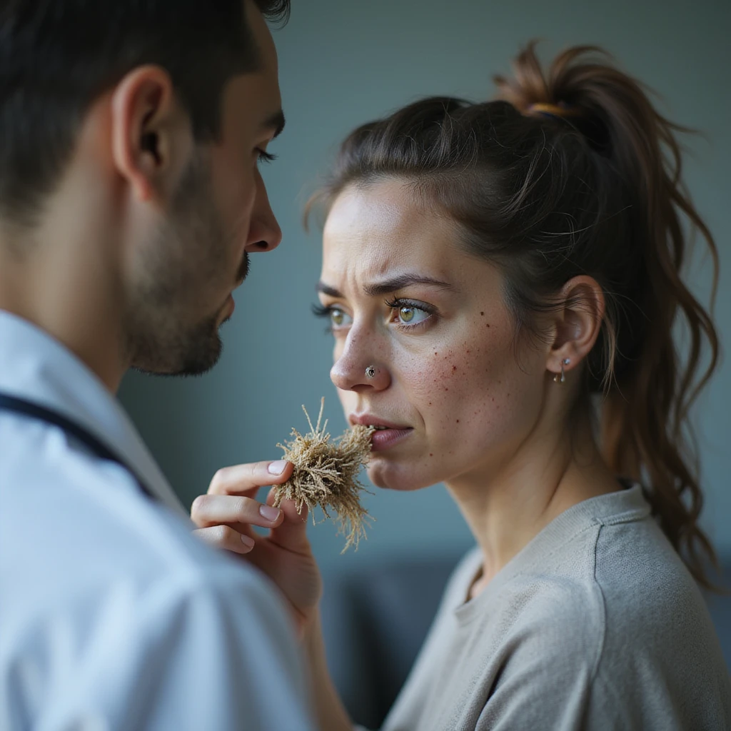 hyperrealistic 4K image of a woman with PCOS showing a clump of fallen hair to a doctor, face with acne and facial hair, thinning hair, clinical environment, frustrated expression emoji
