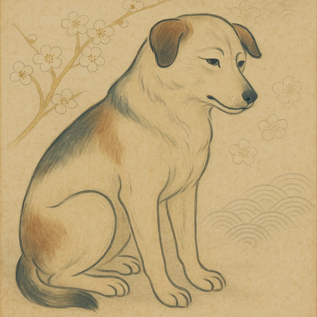 {
  "style_description": {
    "overall_look": "Traditional Japanese painting with a refined and serene aesthetic rooted in classical techniques",
    "material_simulation": {
      "primary_material": "natural pigments on washi or silk",
      "texture_detail": "subtle paper grain, matte finish, soft brushwork",
      "pattern": "occasional use of classical Japanese motifs such as plum blossoms, waves, or cranes"
    },
    "geometry": {
      "edge_style": "fluid and organic linework with gentle outlines",
      "dimensionality": "flat perspective with carefully balanced negative space"
    },
    "color_palette": {
      "scheme": "earthy and muted tones with occasional gold or mineral highlights",
      "preferred_colors": ["indigo", "sumi black", "reddish brown", "soft greens", "off-white"],
      "contrast": "low contrast, harmonious tones"
    },
    "lighting": {
      "type": "diffused, implied through tone rather than shading",
      "purpose": "maintain the contemplative and meditative quality of the piece"
    },
    "render_constraints": {
      "avoid": ["realistic lighting", "high saturation", "modern cartoon outlines", "digital gradients"],
      "focus_on": ["natural harmony", "elegance", "quiet emotional expression"]
    },
    "background": {
      "color": "neutral or light washi-inspired background",
      "style": "plain or softly patterned with traditional elements",
      "lighting_consistency": "flat and even, no cast shadows or dramatic highlights"
    }
  }
}

{subject} = dog emoji