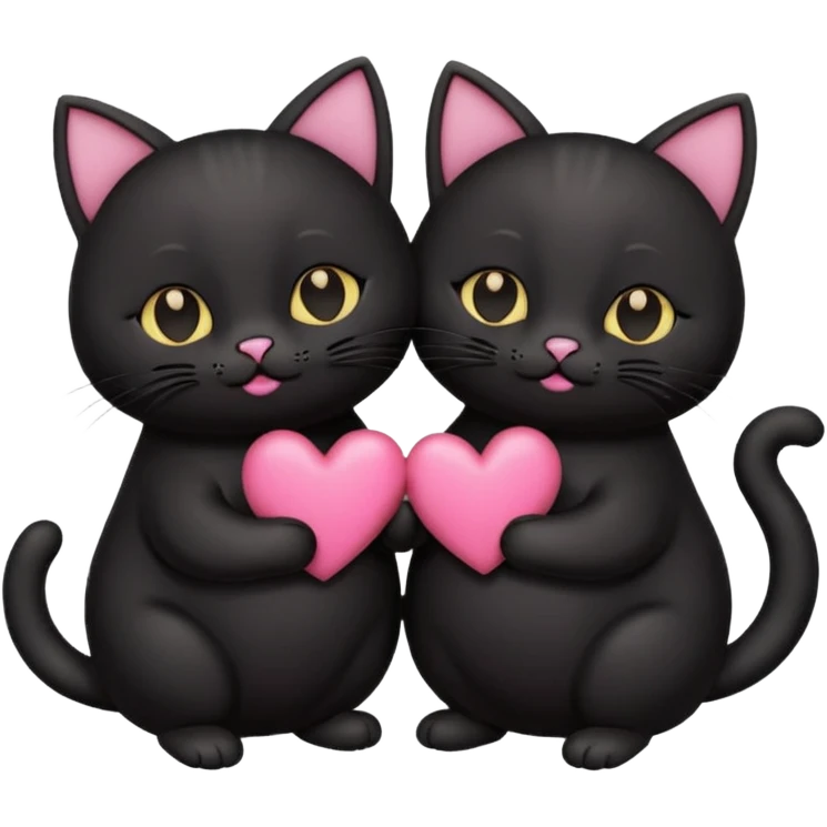 two fat cute black cats love, pink heart, closed mouth, black ears emoji