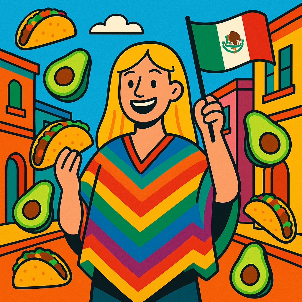 cartoon of a tall blonde woman smiling wearing a colorful poncho holding a taco and an avocado waving a Mexico flag surrounded by tacos and avocados on a lively street background with bright and bold colors emoji