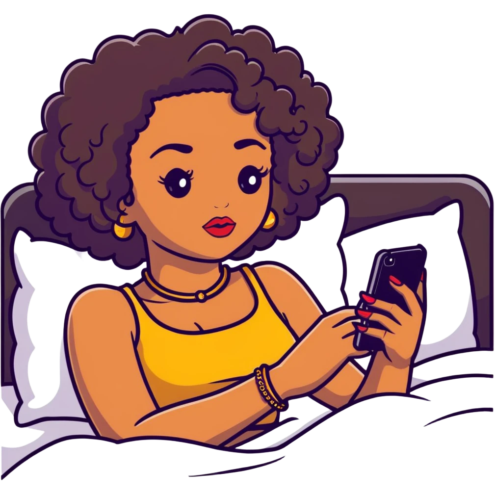 Brown-skinned teenage girl with curly black hair lying on bed looking at smartphone, heavy makeup, big lips, crop top, gold jewelry, choni style outfit emoji