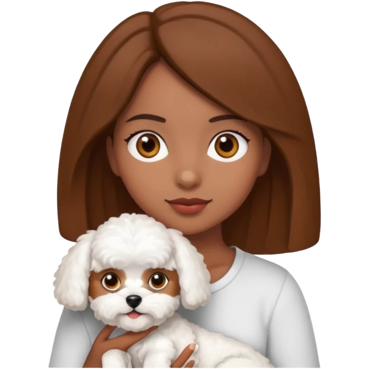 Chica morena ojos marrones con un bichón maltés en los brazos emoji