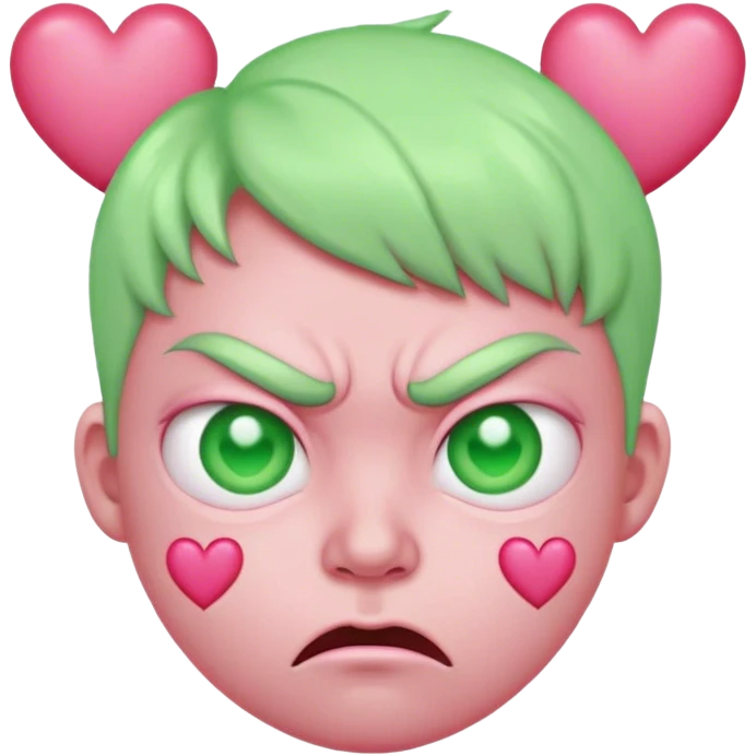 Pink skin, round, heart eyes but looks angry with 3 light green heart above his head emoji
