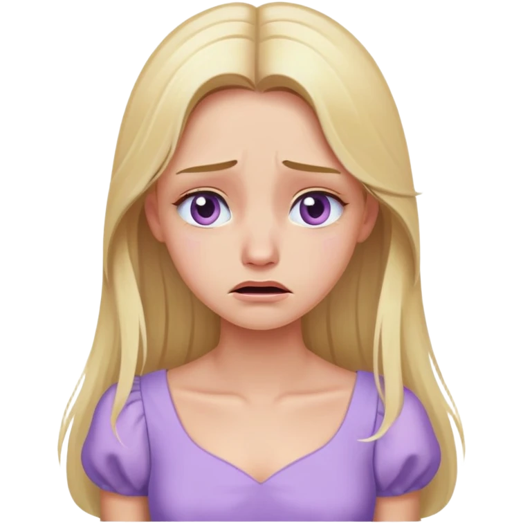 crying face blonde model, hazel eyes, sleek long hair, pastel purple dress emoji