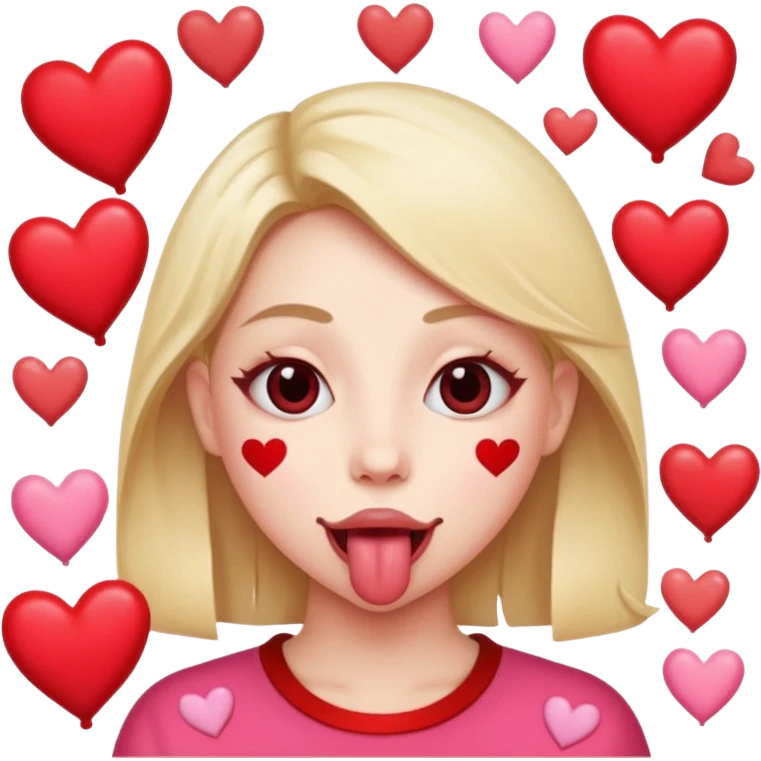 A cross eyed person with their tongue out far with Valentine’s Day decor/hearts around emoji