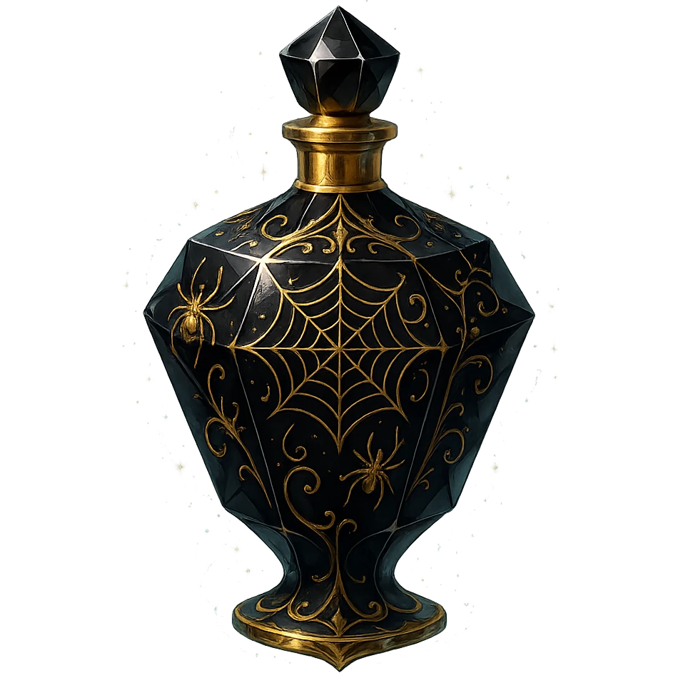 premium class black crystal elixir bottle with lots of shine, facets, ornaments, decorated with spiders and spider webs, golden details, magical effects, very small golden neck, transparent background, beautiful merging base, clearly floating in the air, no base or shadow, very luxurious, matching a collection emoji