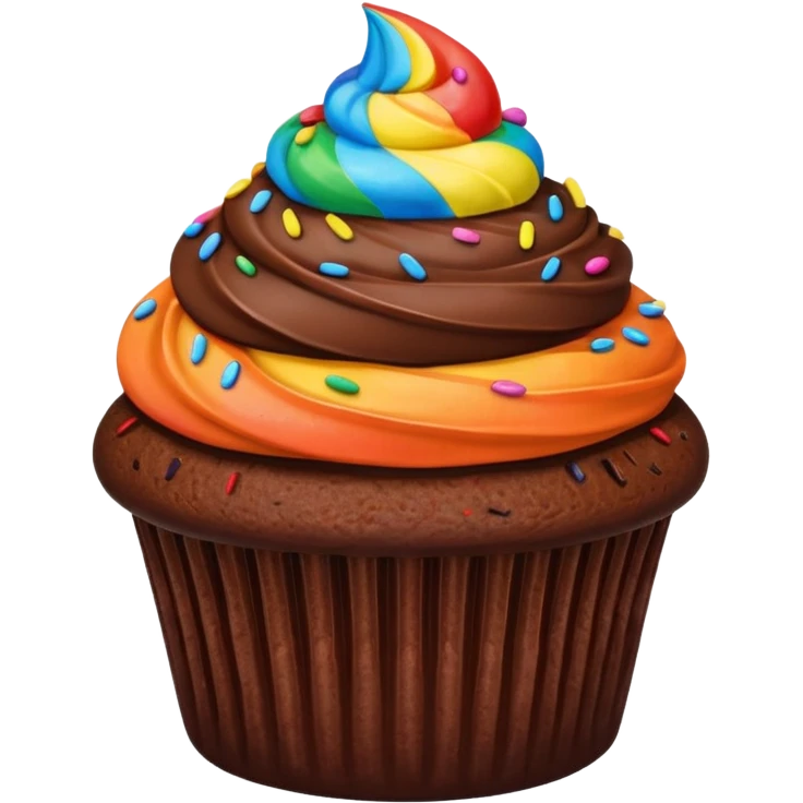 chocolate cupcake with chocolate frosting only, rainbow sprinkles emoji