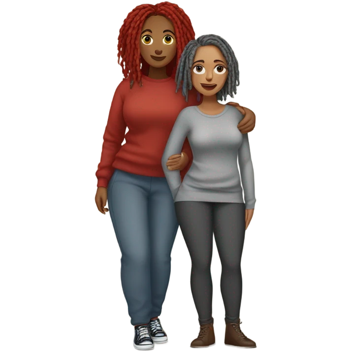 1st Curvy woman red locs wearing pants , 2nd curvy woman is brown with grey locs in a knee-length dress with a cozy sweater shopping emoji