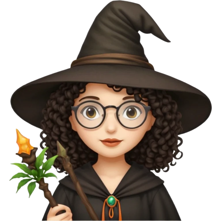 A dark curly haired girl with a witch hat, round glasses, and a plant wand emoji