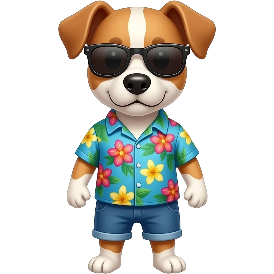 Dog – wearing colorful aloha shirt and sunglass front facing emoji