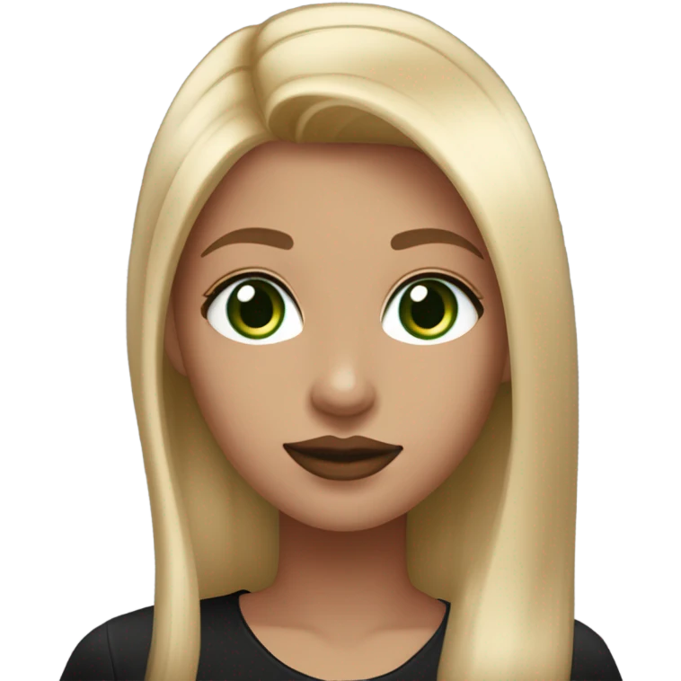 Long straight blonde haired girl, wearing black satin shirt, light tan glowy skin, green eyes and rosy cheeks with light mauve lipstick emoji