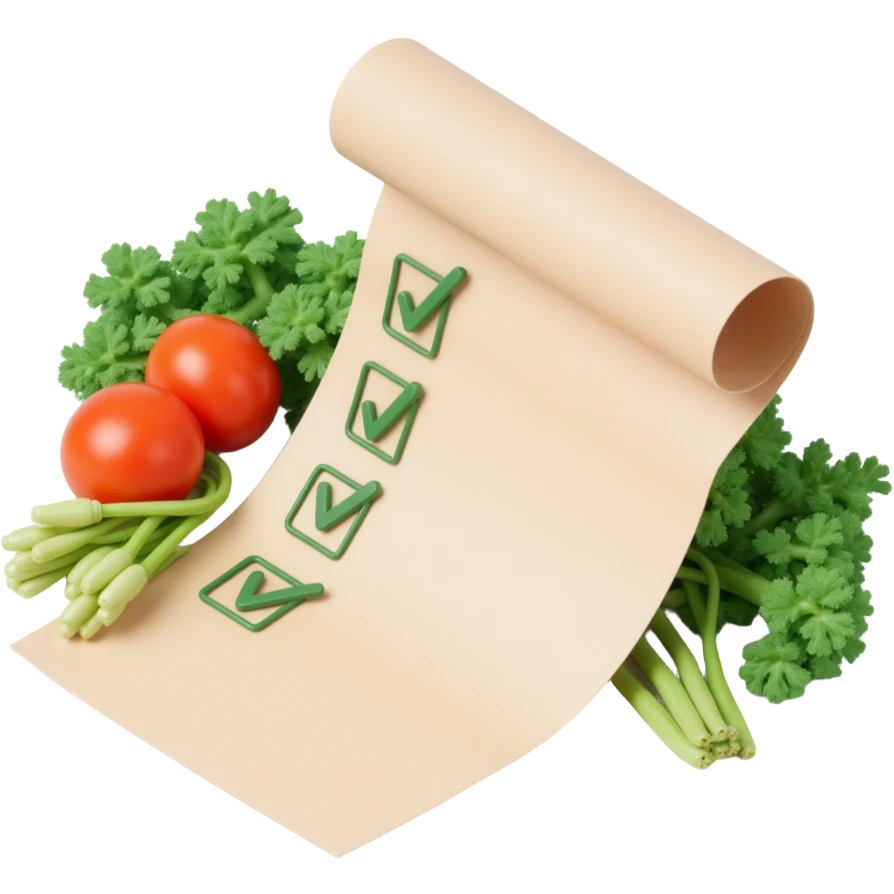 floating rolled paper list with green checkboxes and around vegetables emoji