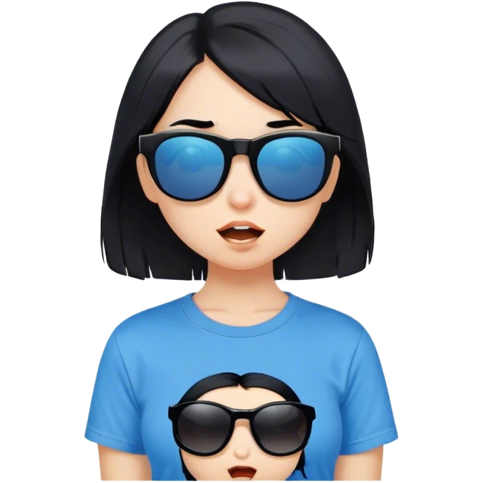 A girl with black bob hair with pony, wearing black sunglasses，one funny(0.5) face (0.5)，wacky expression, a blue t-shirt. lovely. cute emoji
