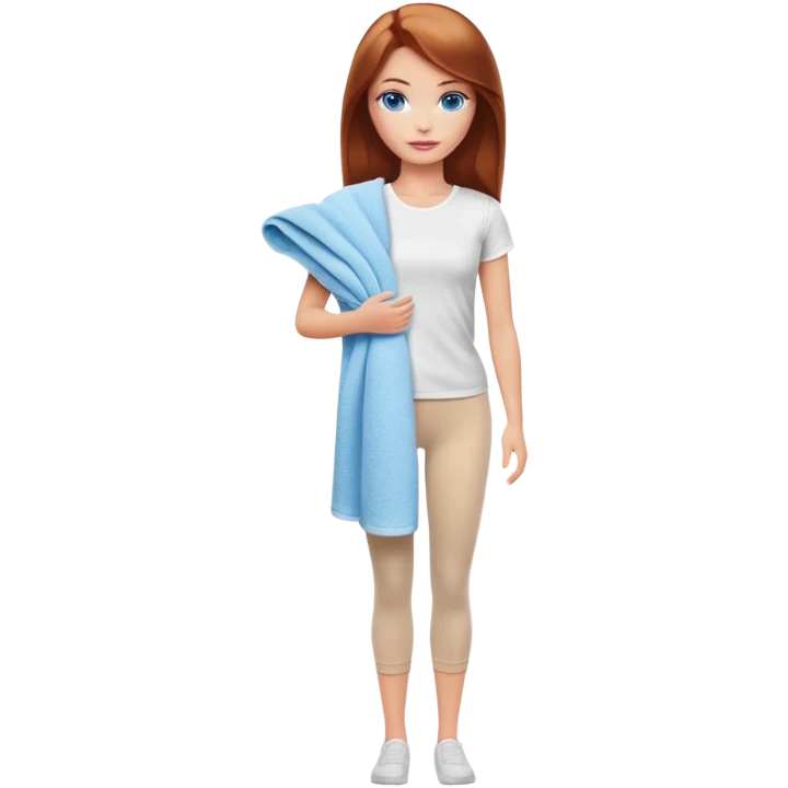 A Barbie girl with blue eyes, shoulder-length reddish-brown hair, made-up, wearing a white T-shirt and beige leggings, holding a towel in her hands emoji