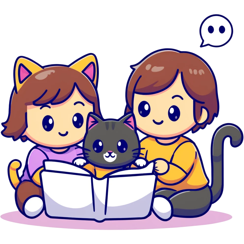 two girls watching a cute kitty drawing an emoji, playful cartoon style emoji