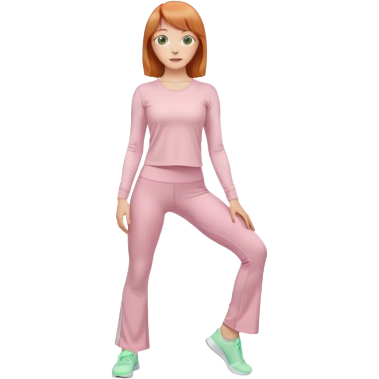 chin length ginger hair woman with bangs, green eyes, wearing long sleeve light pink yoga top, long flare light pink yoga pants, white sneakers, in gym, standing pose emoji