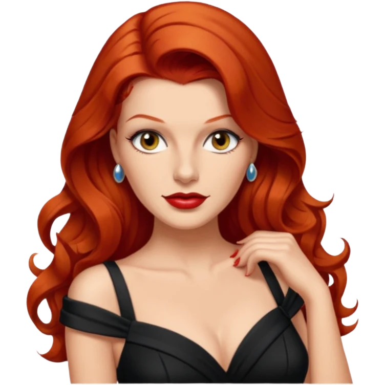 Rita Hayworth with long red hair, hazel eyes, black outfit emoji