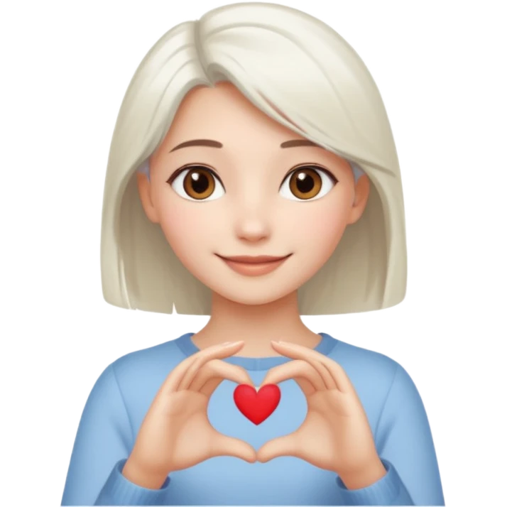 Beautiful girl. Platinum-colored hair just below the shoulders, straight, brown eyes, sweet smile. Hands in the shape of a heart.  emoji