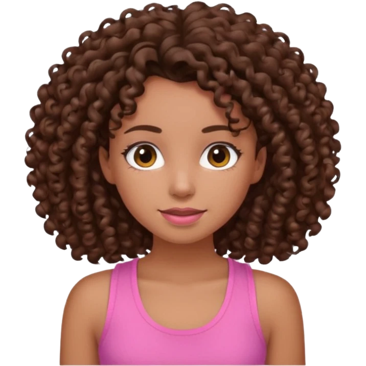 Uma menina com o cabelo cacheado é morena, e com uma regata rosa emoji