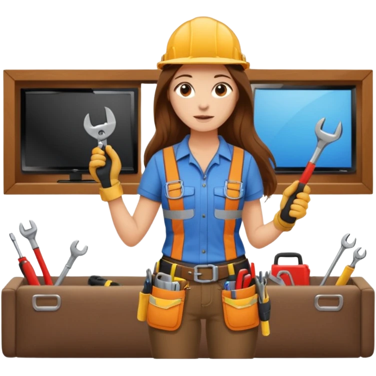 beautiful girl with long brown hair constructing new lounge room area with flat screen tv and couch emoji