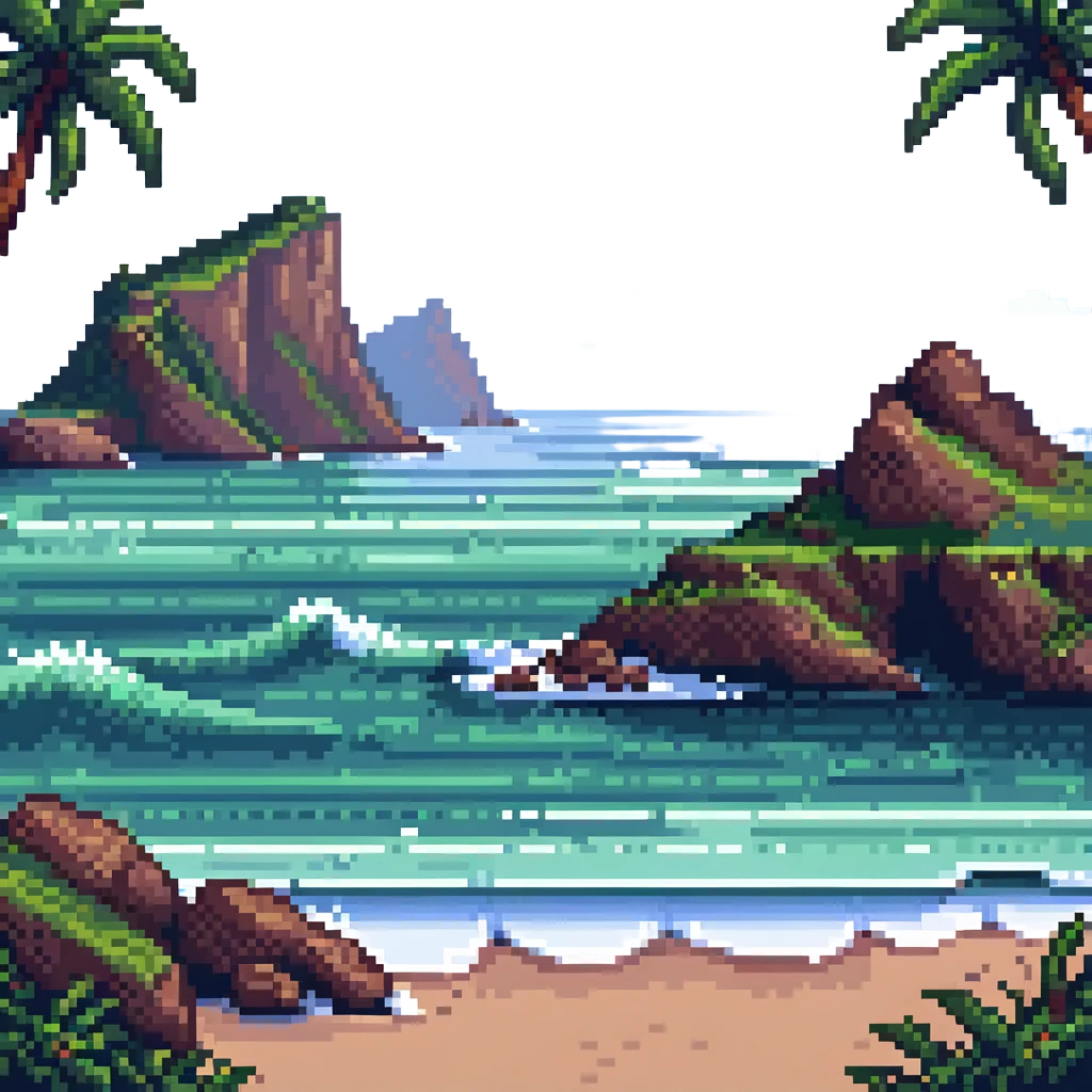 scenic coastline with waves and cliffs in pixel art style emoji
