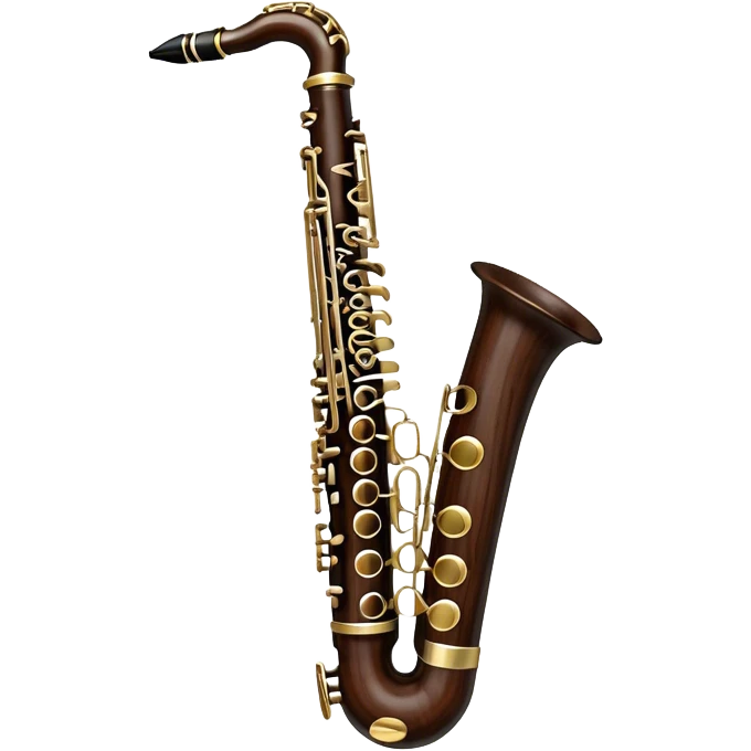 Create a detailed and unique emoji representing a clarinet with a saxophone-style mouthpiece. The design should feature the sleek, dark wood finish of the clarinet, with its shiny metal keys clearly visible, but at the top, include the large, curved mouthpiece typical of a saxophone. The mouthpiece should have a reed, similar to the one used in a saxophone, with subtle details to indicate its function. Use dark wood tones for the body of the instrument and silver or brass accents for the keys. Add small musical notes or soundwaves around the instrument to evoke its smooth, melodic sound. The background should be transparent emoji