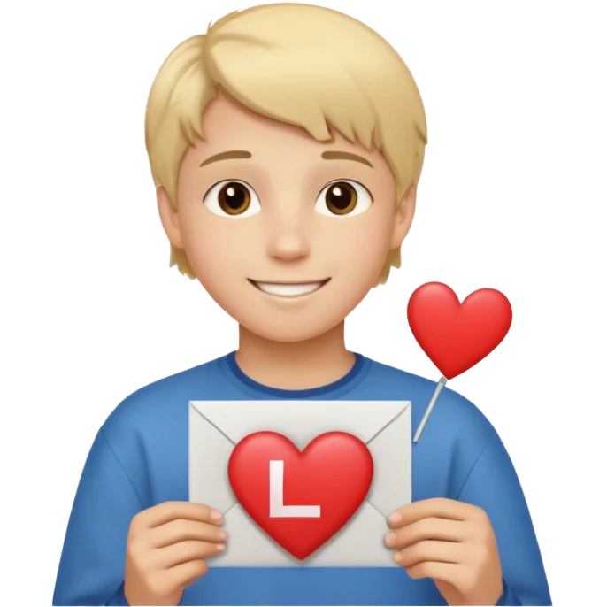 Un garçon blond aux yeux marrons de 13 ans qui tient avec ses mains un L avec des cœurs autour de son visage emoji