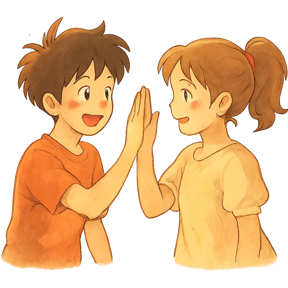 ghibli style high five, soft lighting, warm palette emoji