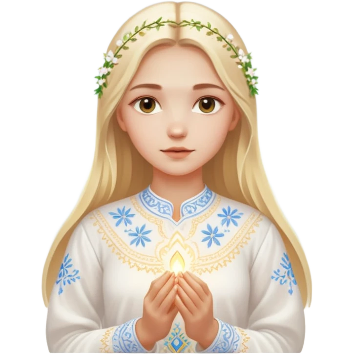 Young Ukrainian girl with blonde hair wearing a traditional white embroidered shirt (vyshyvanka) gently holding a glowing ethereal light representing the soul in her hands emoji