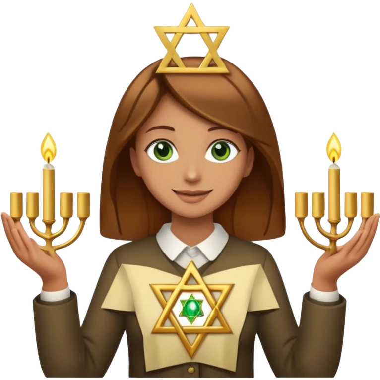 White but tan person with lightish brown hair girl has green eyes and holding the Star of David and a menorah looking at it smiliing emoji