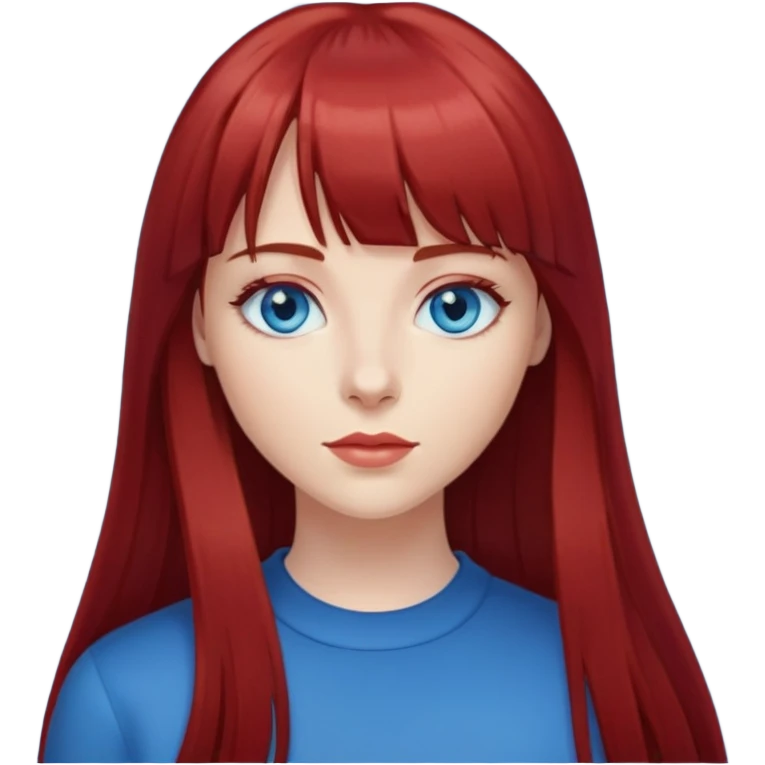 Mulher de cabelo liso longo vermelho escuro com franja e olhos azuis emoji