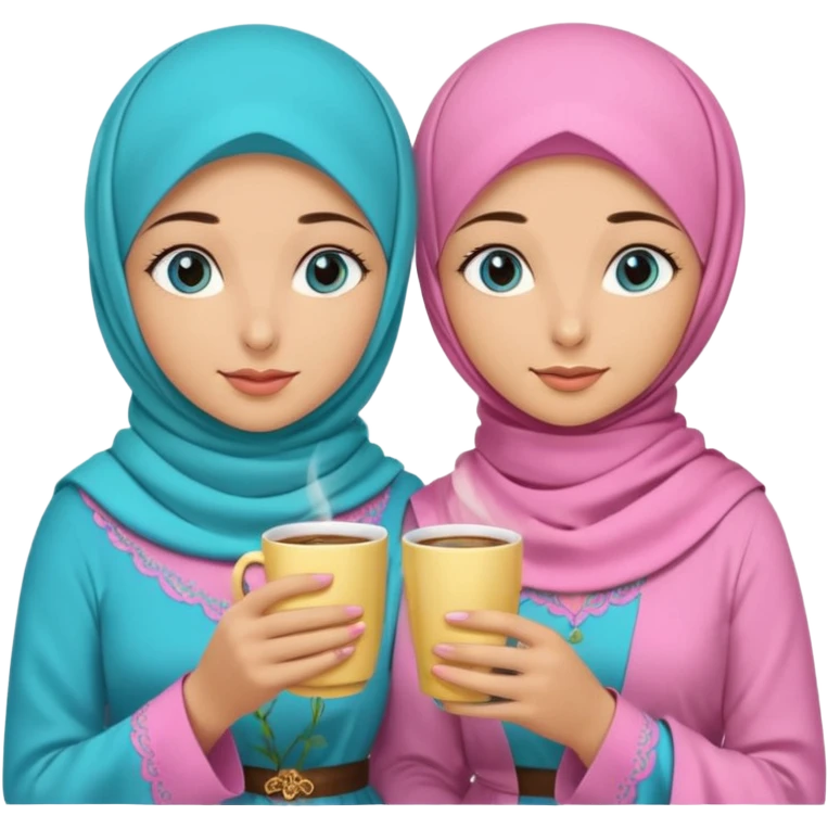 Turkish beautiful finish Konya three girls blue eyes with pink rose and turkis butter yellow hijab islamic dress and had on her hand turkish coffee   emoji