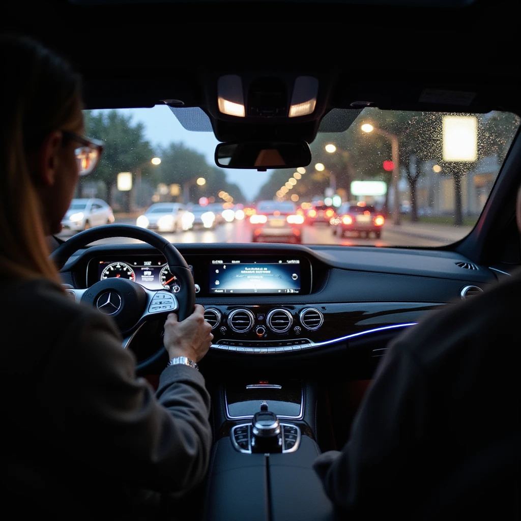 Mercedes S-Class 2024 modern interior, driver's perspective from inside, left hand on wheel, ambient lights, illuminated dashboard, night, Bucharest city lights, motion blur, city traffic ahead, rainy windshield, no text or misspellings, photorealistic emoji