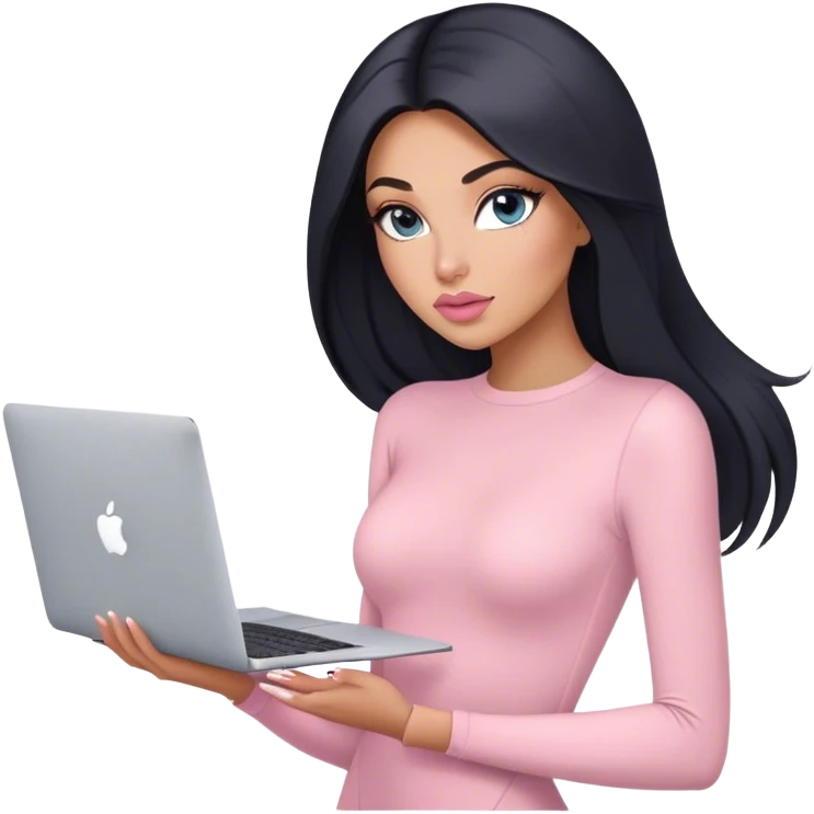 Glamours, tanned, very beautiful girl, with big pump peach-beige-rose lips, long lashes, black straight smooth silky long hair, straight parting hair, blue-grey eyes, in light-pink bodysuit holding MacBook emoji