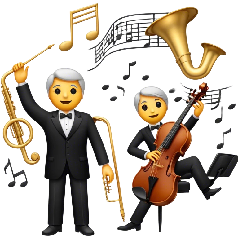 Create a sophisticated and elegant emoji that represents orchestration and arrangement. The design should feature a conductor’s baton, musical notes, and a symphonic score, symbolizing the process of arranging and orchestrating music. Incorporate instruments like a violin, trumpet, and piano keys subtly in the background, representing different sections of the orchestra. Use classical and refined colors such as gold, deep red, and black to evoke the grandeur and precision of orchestration. The background should be transparent. emoji