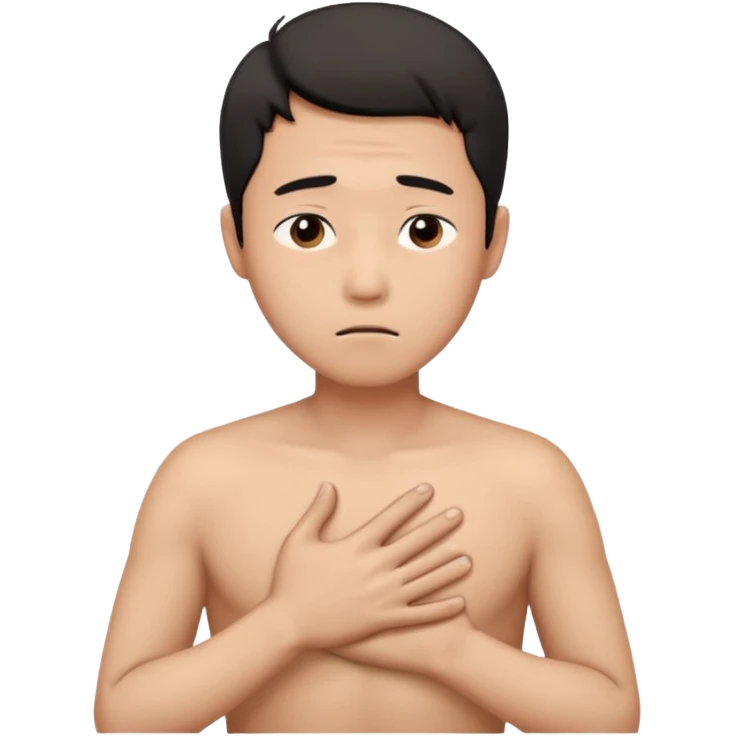 first asian man put his hands on his chest where his heart is, to showw howw he feeels. With a sad exxpression  emoji