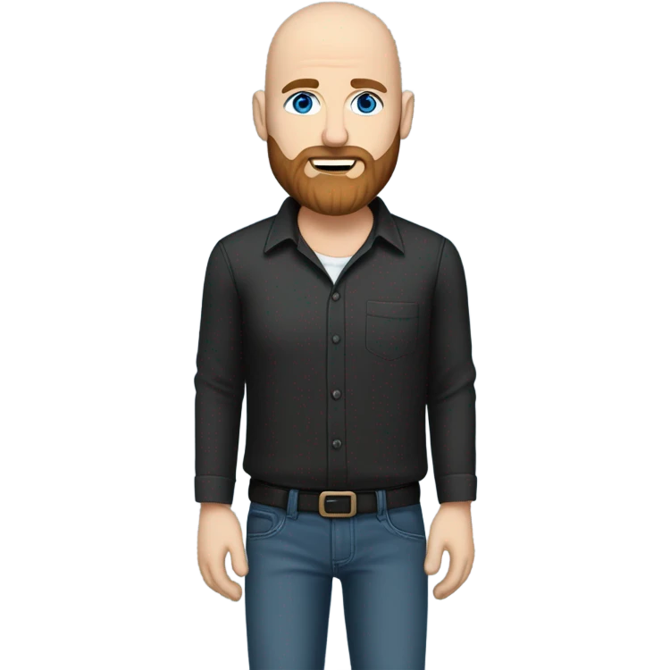 Bald, Caucasian, sky-blue-eyed, Psychotherapist in a modern colorful chair. He has a brown full beard and he’s Wearing a black dress shirt with a subtle pattern, blue jeans and black Chelsea boots with his legs separted leaning forward grey in goatee emoji