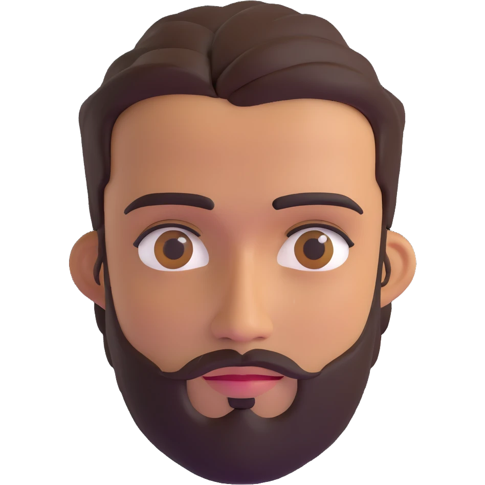 3d male character with olive complexion, brown eyes, medium beard, and connected eyebrows emoji