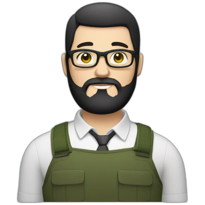 white overweight man, full black beard, straight and combed black hair, square glasses, olive-green eyes, emoji